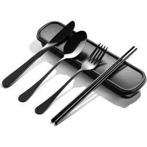 Travel Utensils with Case,  Portable Silverware Set for Work, Stainless Steel  Travel Cutlery Set, Fork and Spoon Set for Picnic, Camping, Gadgets, Lunch Box for Men, Black