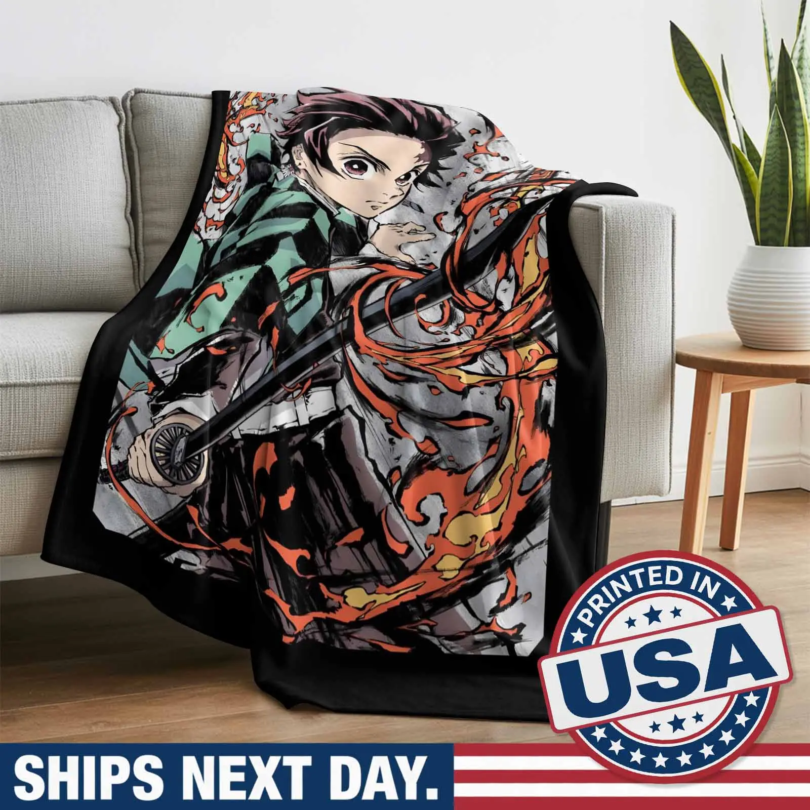 Tanjiro Kamado Demon Slayer-Inspired Flannel Fleece Throw Blanket - Luxurious, Fluffy, Super Soft Microfibers Cartoon Anime Manga Asian Style Blanket for Couch, Bed - Father's Day Gift for Fans HTK00034, Cartoon Design Blankets, Asian Style Blankets
