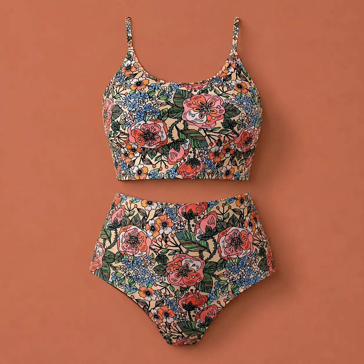 Vintage Floral Bikini Set for Women High Waisted Two Piece Swimsuit with Scoop Neck Crop Top and High Cut Bottom, Beige Multicolor Flower Print Swimwear for Beach Days, Poolside Trips, Resort Vacations and Summer Getaways