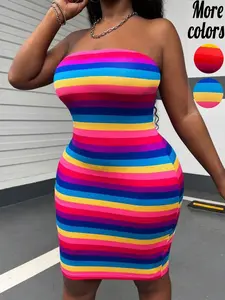 【Plus‑Size】1 Piece Colorful Rainbow Striped Strapless Bodycon Mini Dress, Vibrant Vacation Casual Style, Soft Stretchy Knit & Slimming Tube Top Silhouette, For Curvy Women, Ideal for Summer Events, Pool Parties & Urban Street Style, Trendy Plus‑Size Summe
