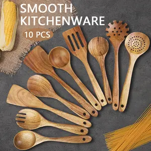 Wooden Kitchen Utensil Set 10pcs Kitchen Cooking Set Used for Non Stick Frying Pans Wooden Utensils For Cooking with Spoons and Frying Pans