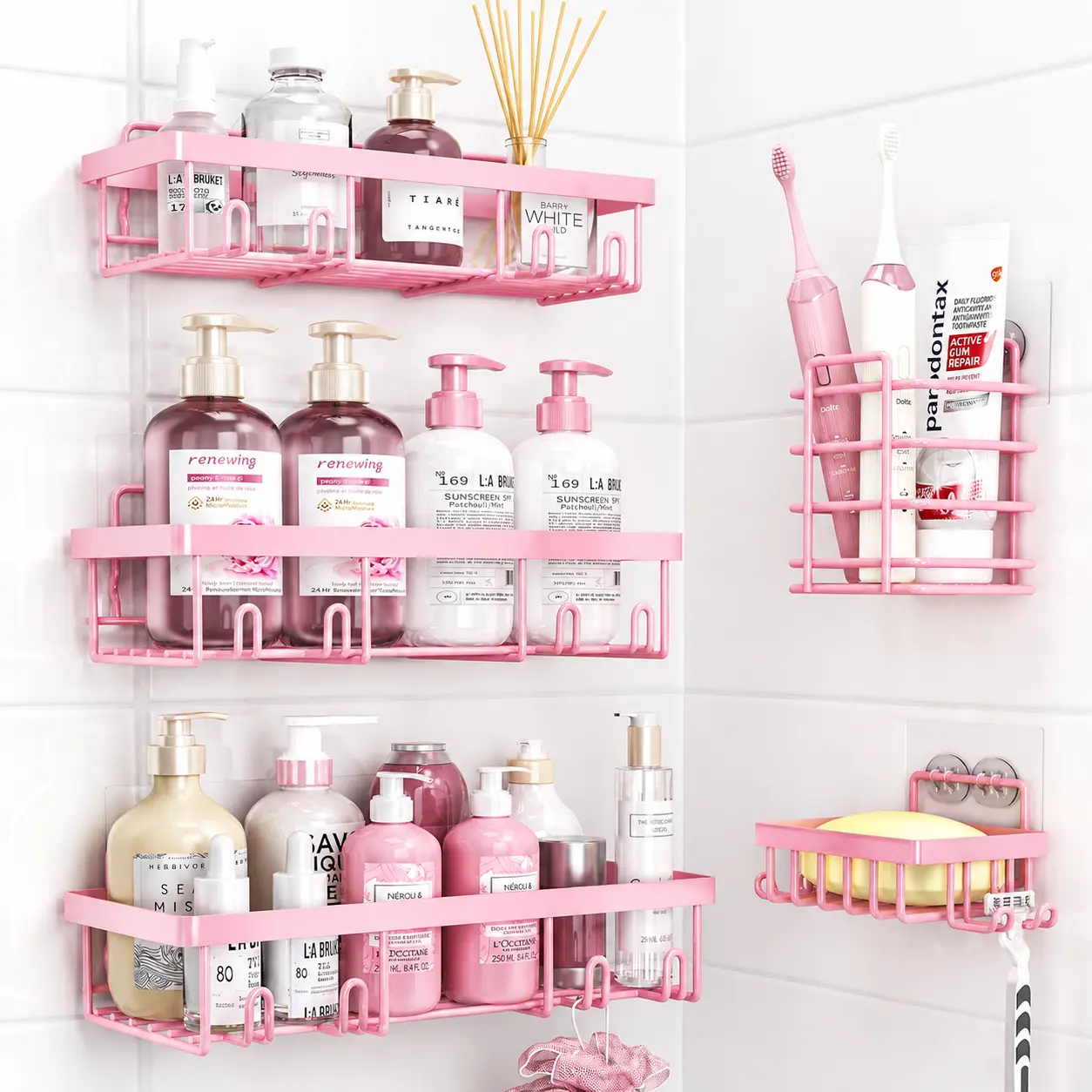 Blush Pink All-New Upgraded 5-Piece Self-Adhesive Stainless Steel Bathroom Organizer Set - Strong Adhesive Strip, No-Drilling Installation, Rust-Proof Durable Caddy for Shampoo, Body Wash, Renter Apartment Home Supplies