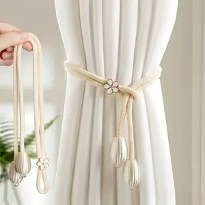 2pcs Boho Style Handwoven Curtain Tiebacks with Floral Design, Adjustable Polyester Curtain Holdbacks for Elegant Home Decor - Set of 2, Curtains for Living Room, Interior Decoration Accessories, Curtain Embellishments, Curtain Trim