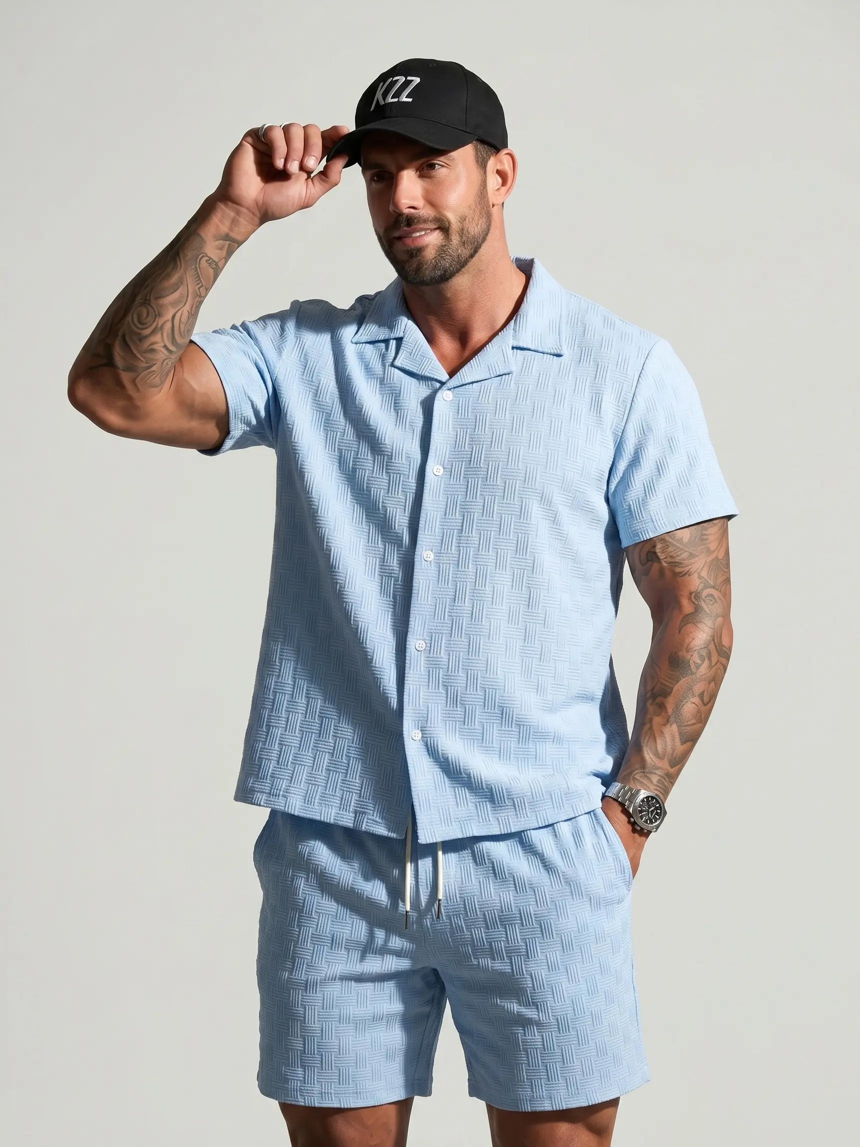 KZZ Men's Solid Textured Short Sleeve Button Front Shirt & Pocket Drawstring Waist Shorts Two-piece Set Classic Summer Outfits Clothes Set for Men - Menswear