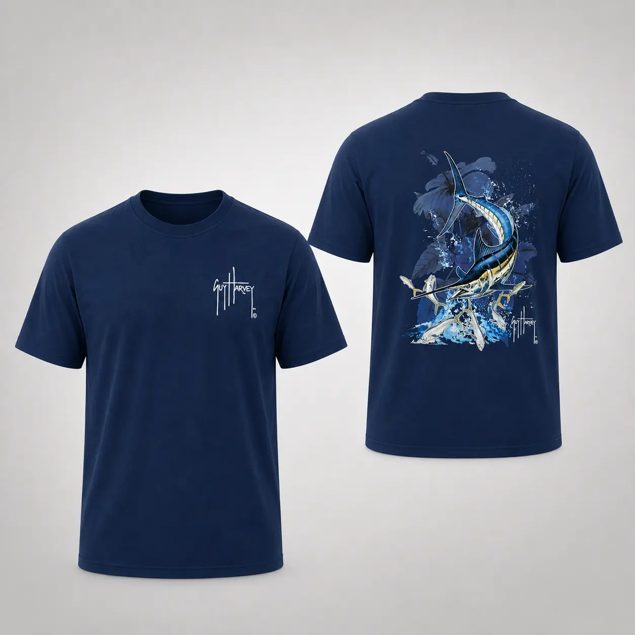 Guy Harvey Marlin Springs T-Shirt – Navy Offshore Fishing Graphic Tee, Saltwater Angler Shirt for Men