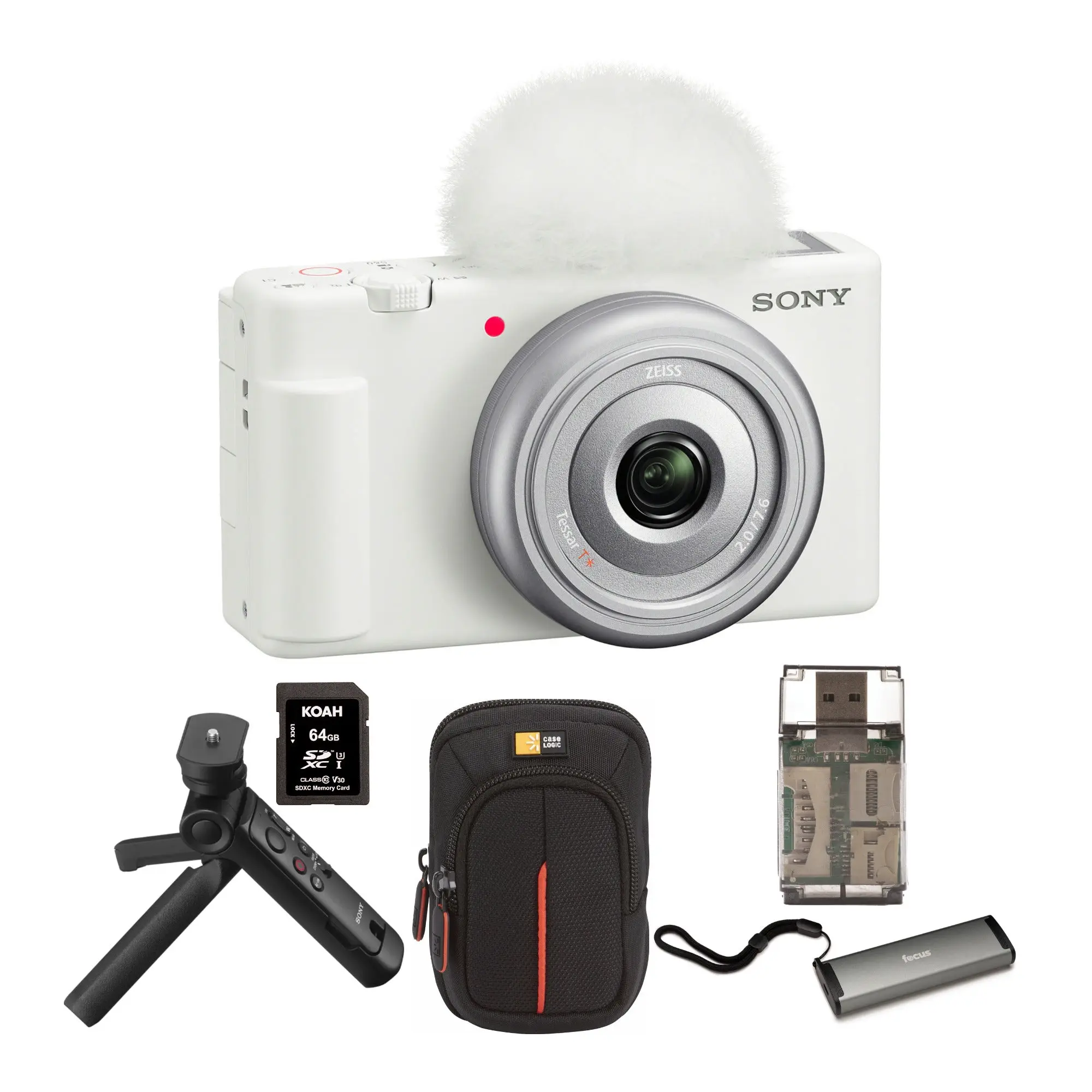 Sony ZV-1F Handheld Video Recording Camera (White) with Vlogger Shotgun Audio Microphone, Lens Accessories, and Convenient Button-Enhanced Vlogger Kit Bundle