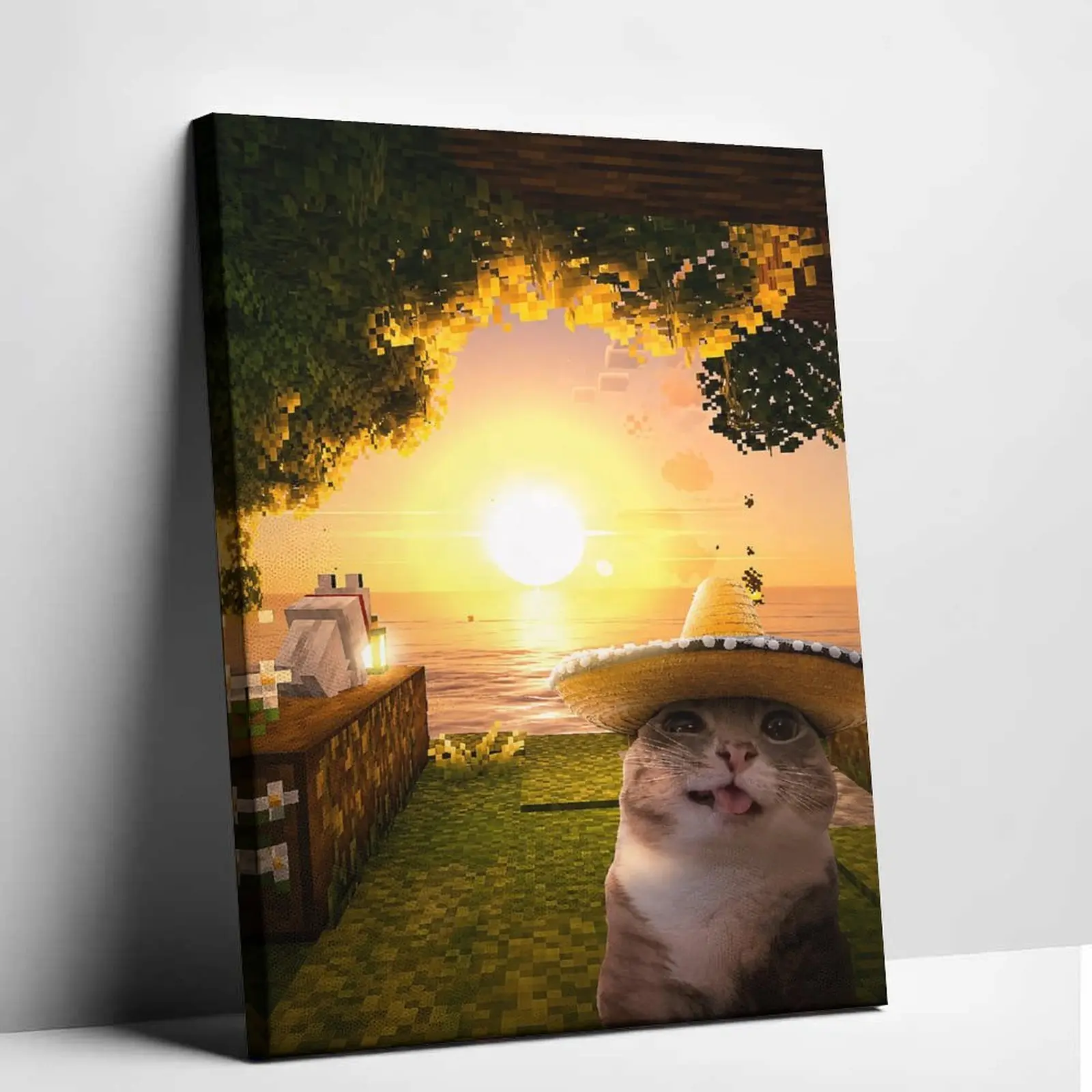 Minecraft Canvas Wall Art Sombrero Cat Meme Poster Print Funny Pixel Game Sunset Canvas Painting Cute Animal Graphic Picture Modern Aesthetic Decor for Living Room Bedroom Studio