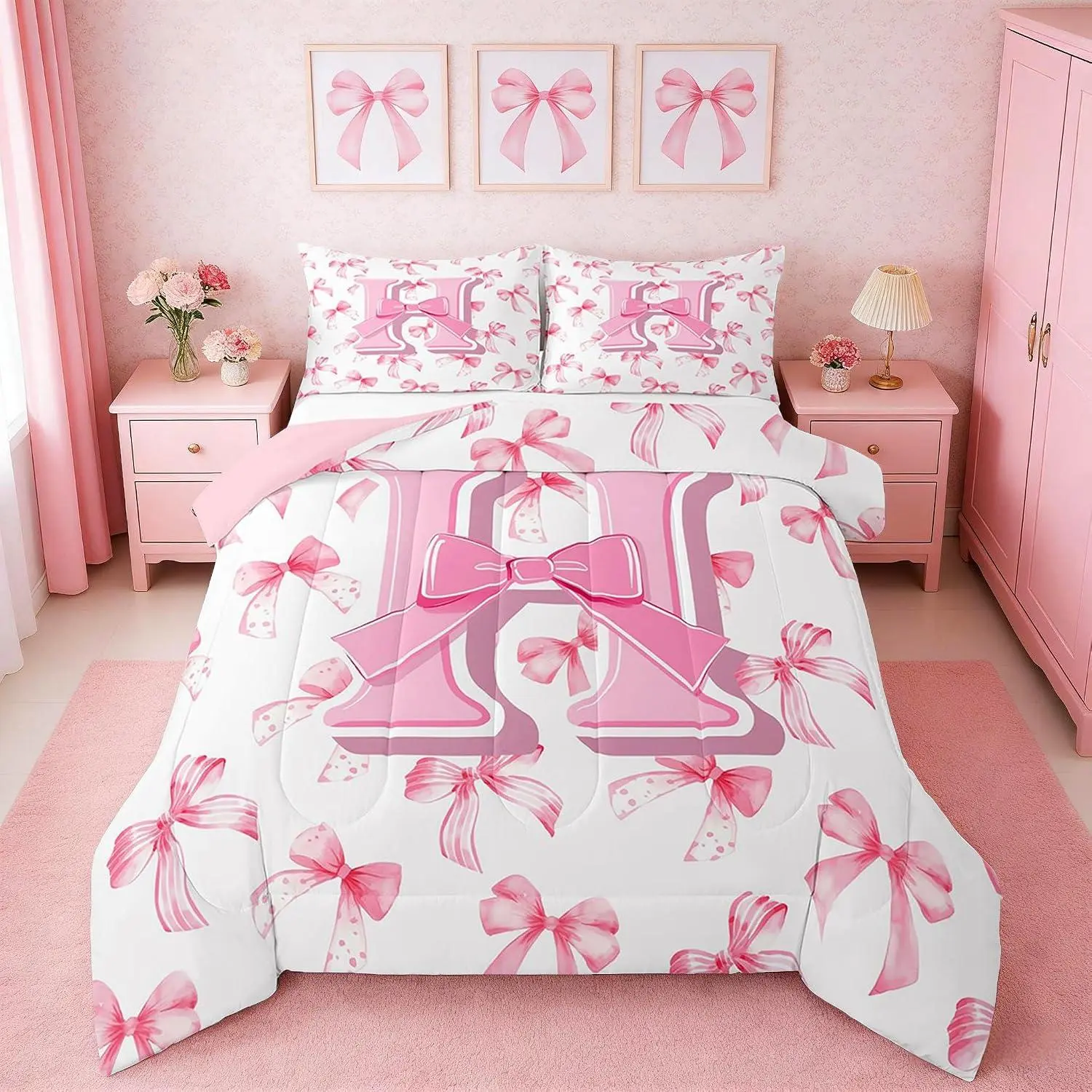 Cute Pink Bow Comforter Set Monogrammed Bedding Set Ultra Soft Personalized Initial H Duvet Quilt Coquette Bow Knot Quilt Set Room Decor Modern Fashion Comforter