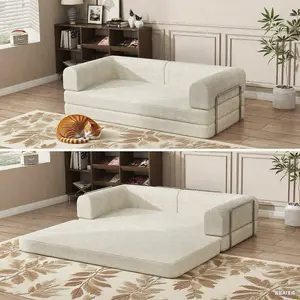 Convertible Corduroy Sleeper Sofa Bed,Folding Mattress Couch with Fixed-Shape Frame, 3 Seater Fold Out King Size Futon,No Assembly Floor Couch for Living Room Dorm Studio 78.7*39.4*29.6 in Beige
