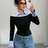 Women's Fashion Blue Striped Collar Split Design Knitted Pullover Tees Long Sleeve Top, Knitting, Womenswear, Elegant Commuter Style Casual Wear, Comfortable Fit, Fitted Knitwear, Knitwear For Fall