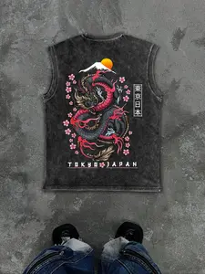 Tokyo Dragon Sakura Fuji Mountain Graphic Print Washed Vest, Japanese Street Style Sleeveless Apron Top, Casual Fitted Design Without Collar, Streetwear Man