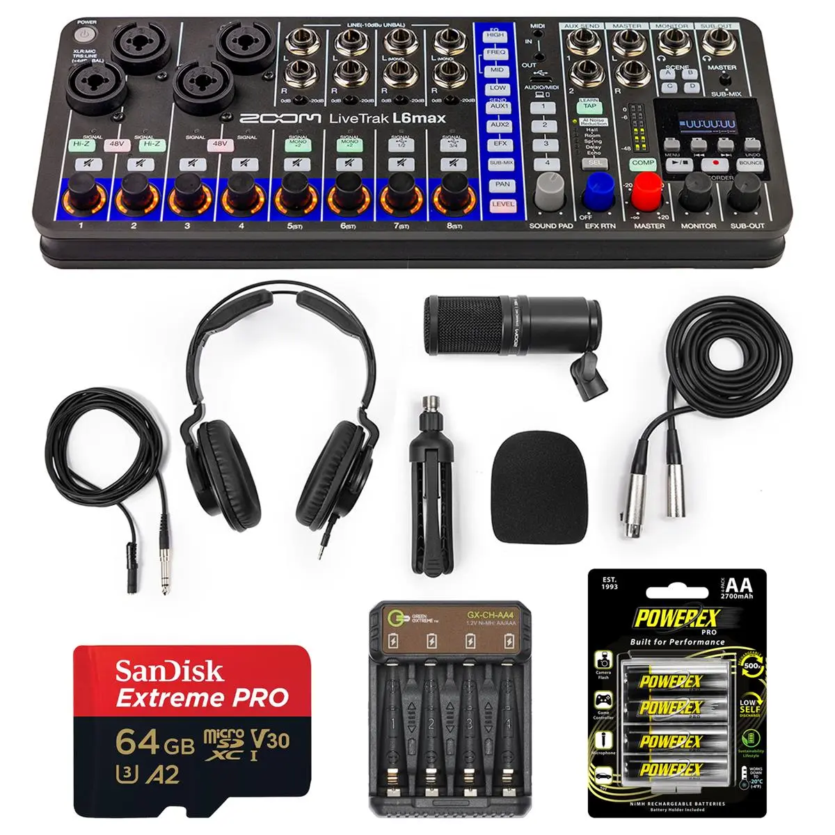 Zoom LiveTrak L6max 12-Channel Portable Digital Mixer and Recorder, Bundle with ZDM-1 Podcast Microphone Set, 64GB Memory Card, 4x AA Ni-MH Battery and 4-Bay Charger