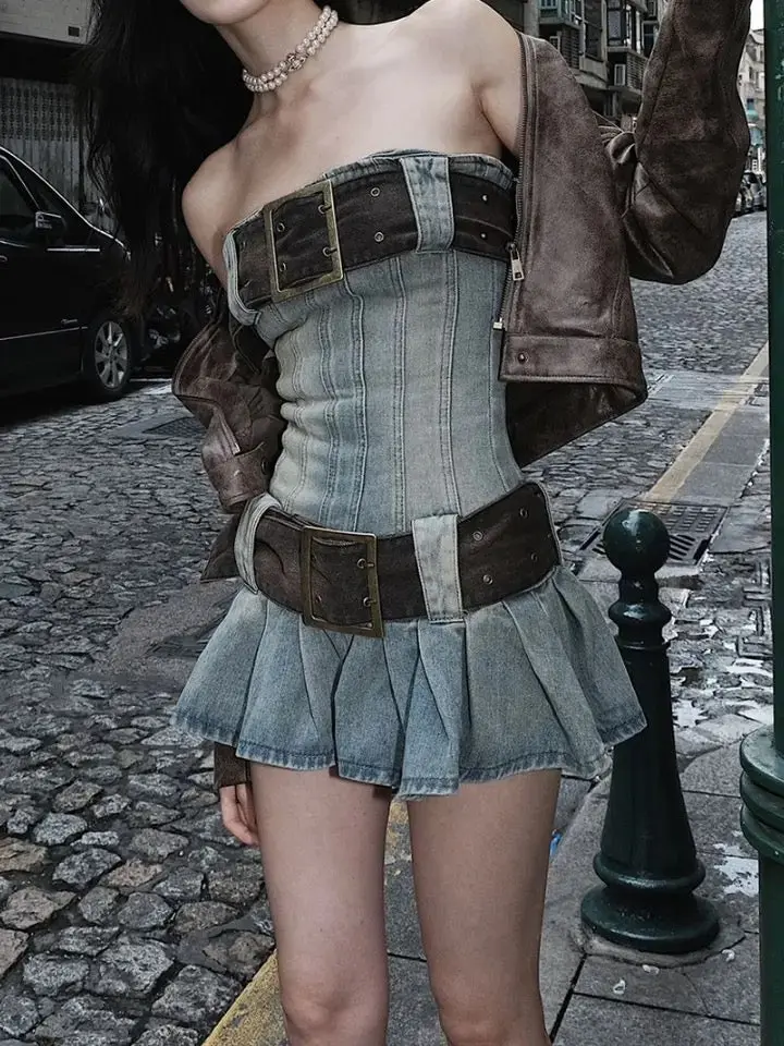 Denim Mini Dress With Belts