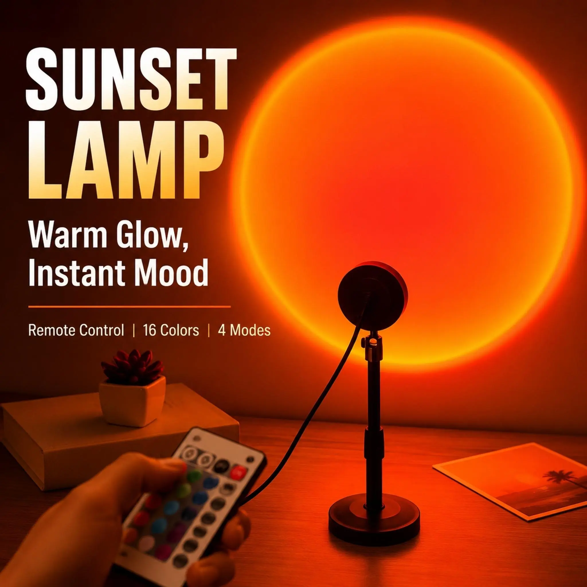 Sunset Projector Lamp 180° Adjustable Fall Sunset Mood Light, 4 Lighting Modes Remote Control RGB Ambient Night Light Multifunction LED Decor for Bedroom Gaming Room Live Stream Photography Party Dorm Desktop Home Wall Gift