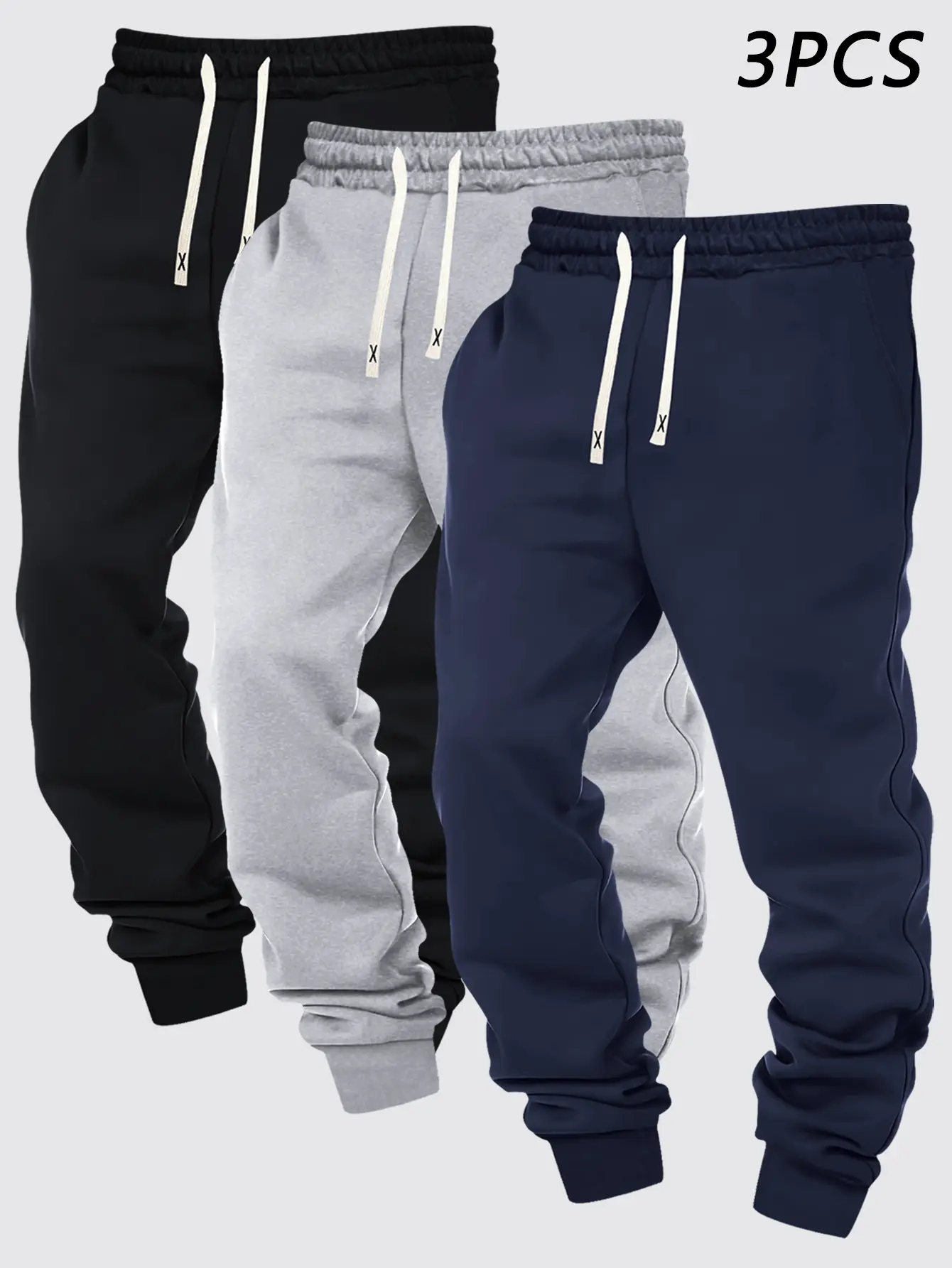 3-Pack Men's Sweatpants Casual Athletic Solid-Color Smooth-Finish Outdoor Fitness Running Everyday Versatile Elastic Waist Drawstring Cuffed Ankle
