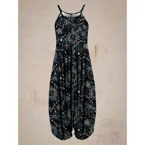 Sun & Moon Print Jogger Cami Jumpsuit, Casual Sleeveless Loose Jumpsuit For Spring & Summer, Women's ClothingFluffy Supply Hub