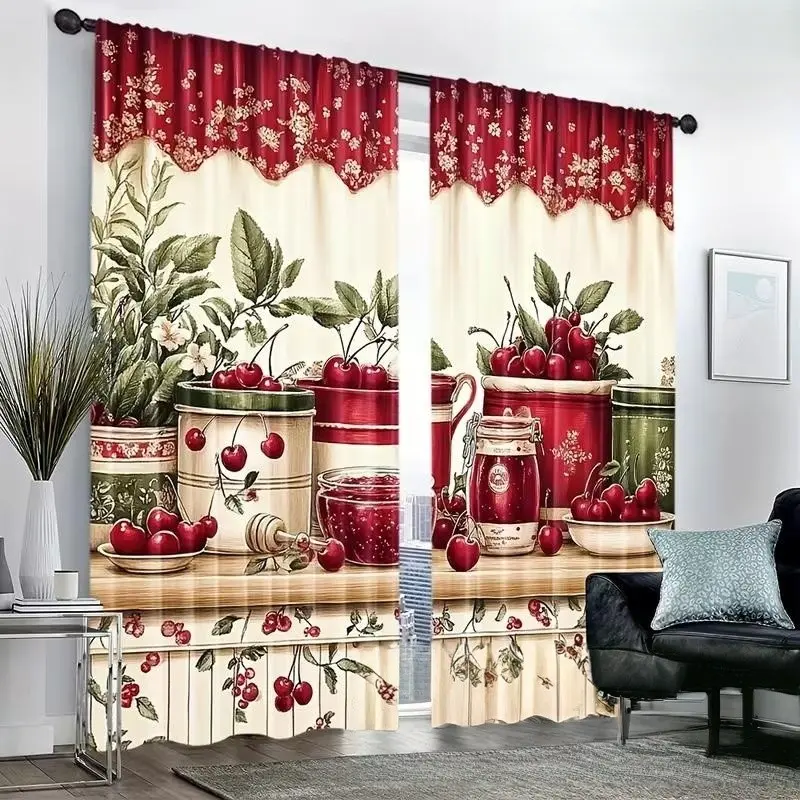 2-Piece Kitchen Fruit Print Curtains, Stylish Rod Pocket Window Drapes for Bedroom & Living Room, Easy Install for Cafes & Offices, Home Decoration Curtain, Home Decorative Curtain, Home Textile