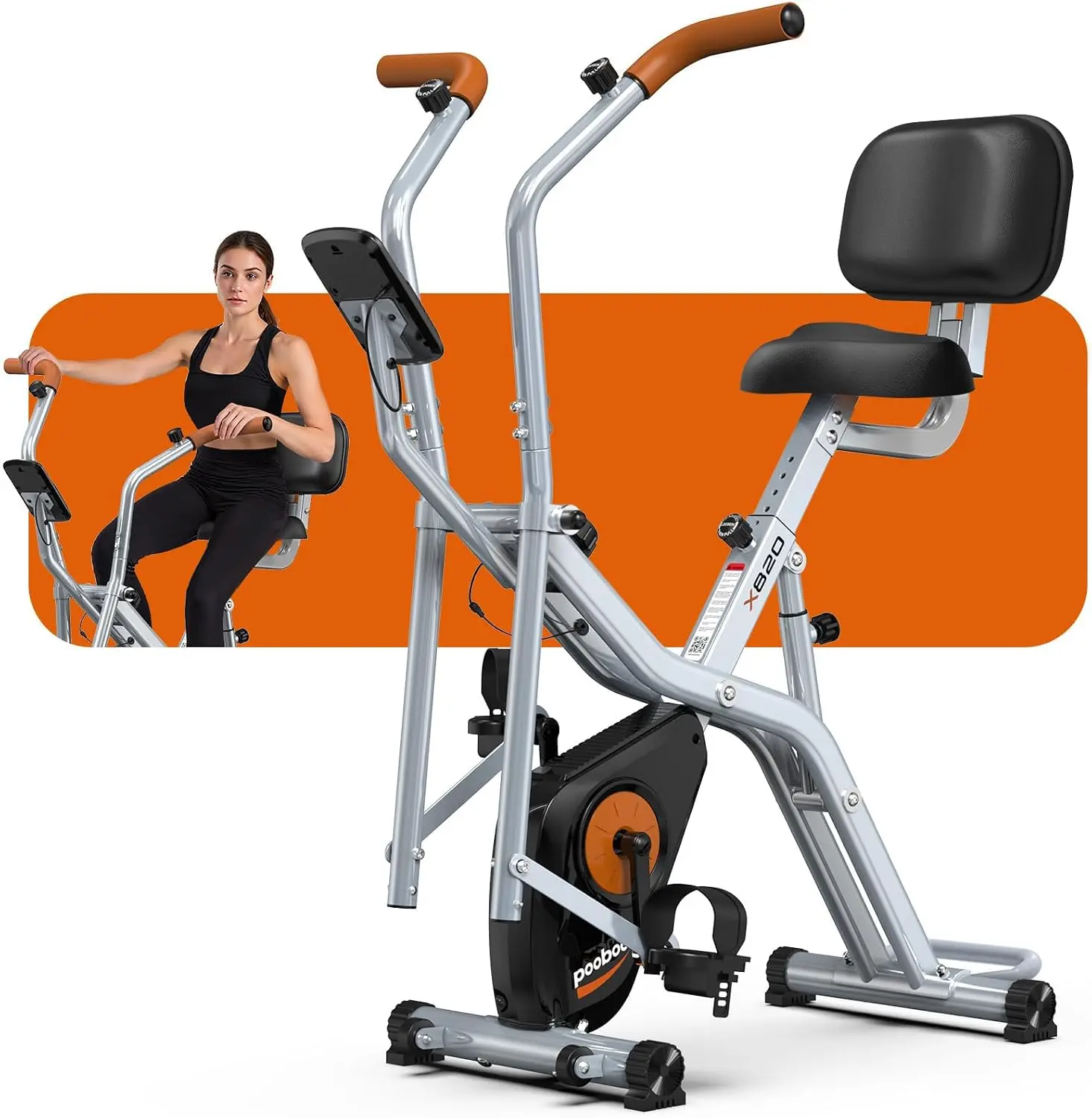Pooboo Foldable 2-in-1 Exercise Bike, Elliptical & Stationary Cycling Mode, 8-Level Magnetic Resistance, Silent Indoor Fitness Bike for Home & Rehab, Adjustable Seat & Handrail, LCD Monitor, 300LBS Weight Capacity, Silver Black