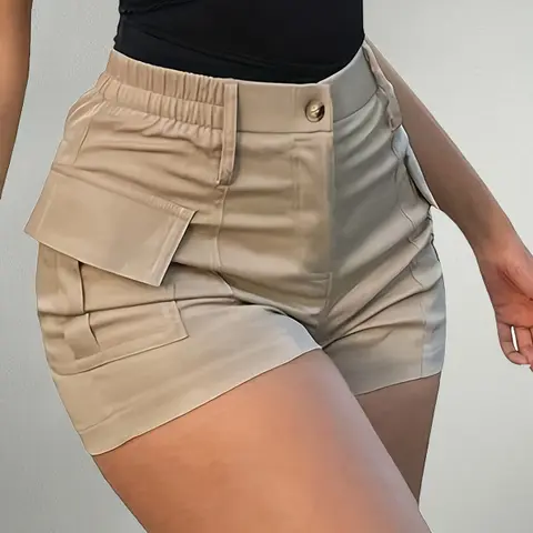 Women's High-Waist Polyester Pocket Caddy Casual Cargo Shorts - Multi-Pocket, Button-Design Bottoms for Summer Active Outdoors & Everyday Athletic Wear, Pocket Caddy Shorts