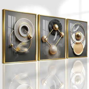 3 Counts Aluminum Alloy Framed Painting, Modern Abstract Geometric Gold And Feather Art Pictures, Home Decoration For Living Room, Bedroom, Office, Restaurant, Hallway Wall Decor, Odorless Print Artwork, Luxury Perfect Gift For Friends And Family