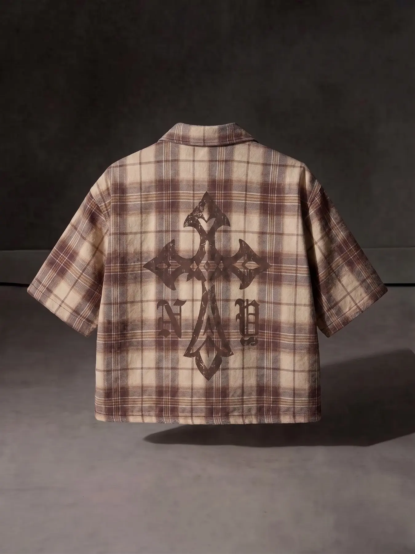 Men's Gothic Cross Print Plaid Checked Short Sleeve Shirt, Vintage Washed Short Jacket, Street Style Streetwear Fashion Casual Top, Menswear
