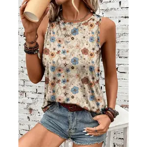 Sleeveless Summer & Spring Floral Print Crew Neck Tank Top, Women's Casual Clothing