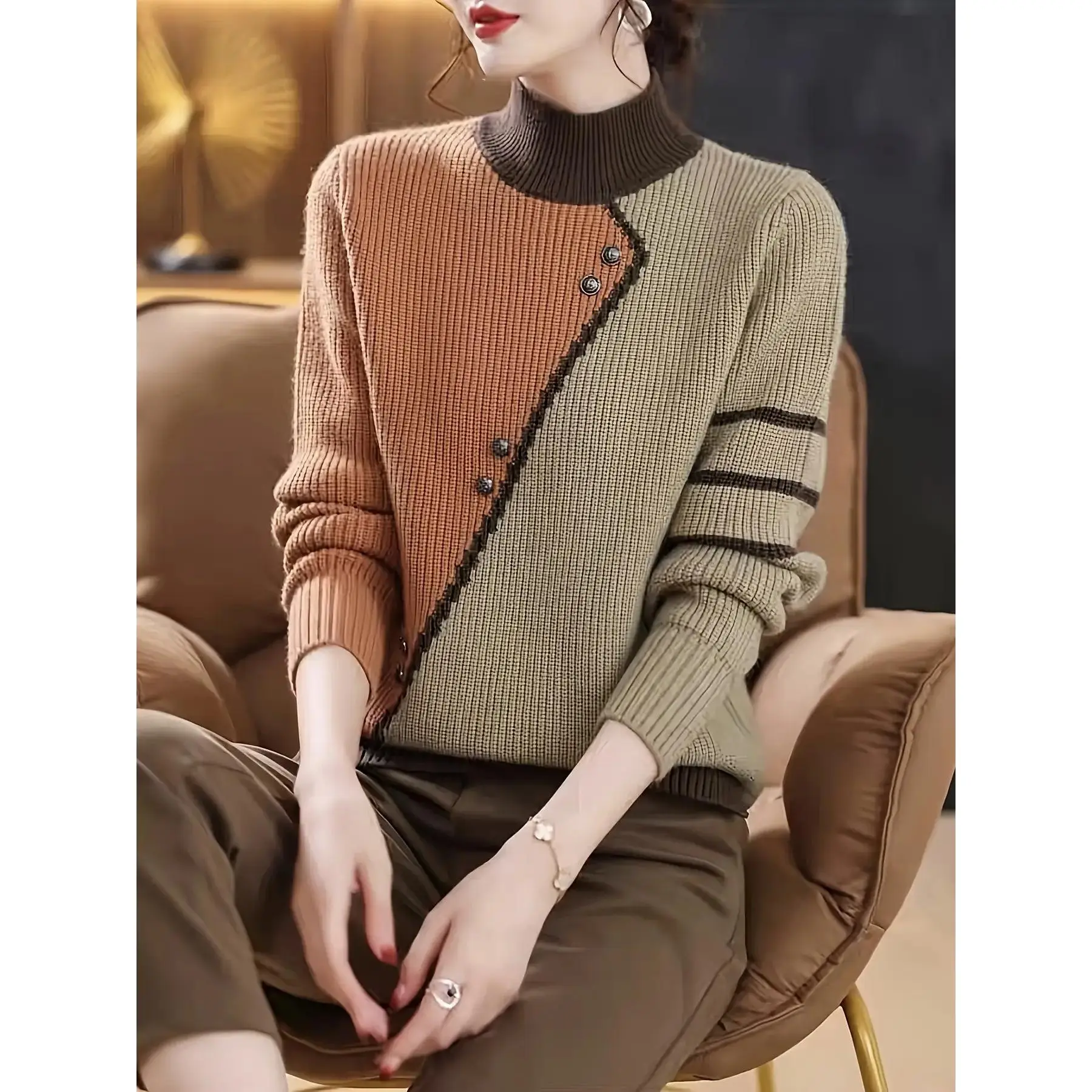 Women's Korean Style Winter Sweater - Multi-Color Block Turtleneck Pullover (Half-Turtleneck Collar) with Brown/Beige//Black/Grey Color-Changing Layers, Loose Fit Sweater for Layering, Casual & Office Wear, Hand Washable