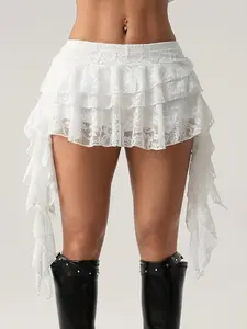 Sexy Lace Mini Skirt Set, Low Waist Casual Wave Edge Half Skirt with Safety Shorts, Boho Style Party Women Womenswear