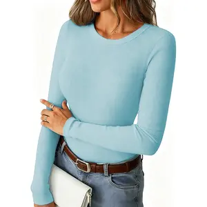 Women Long Sleeve Shirts Ribbed Slim Fit Tops Basic Tee Casual T-Shirt Underscrubs Layer Clothes