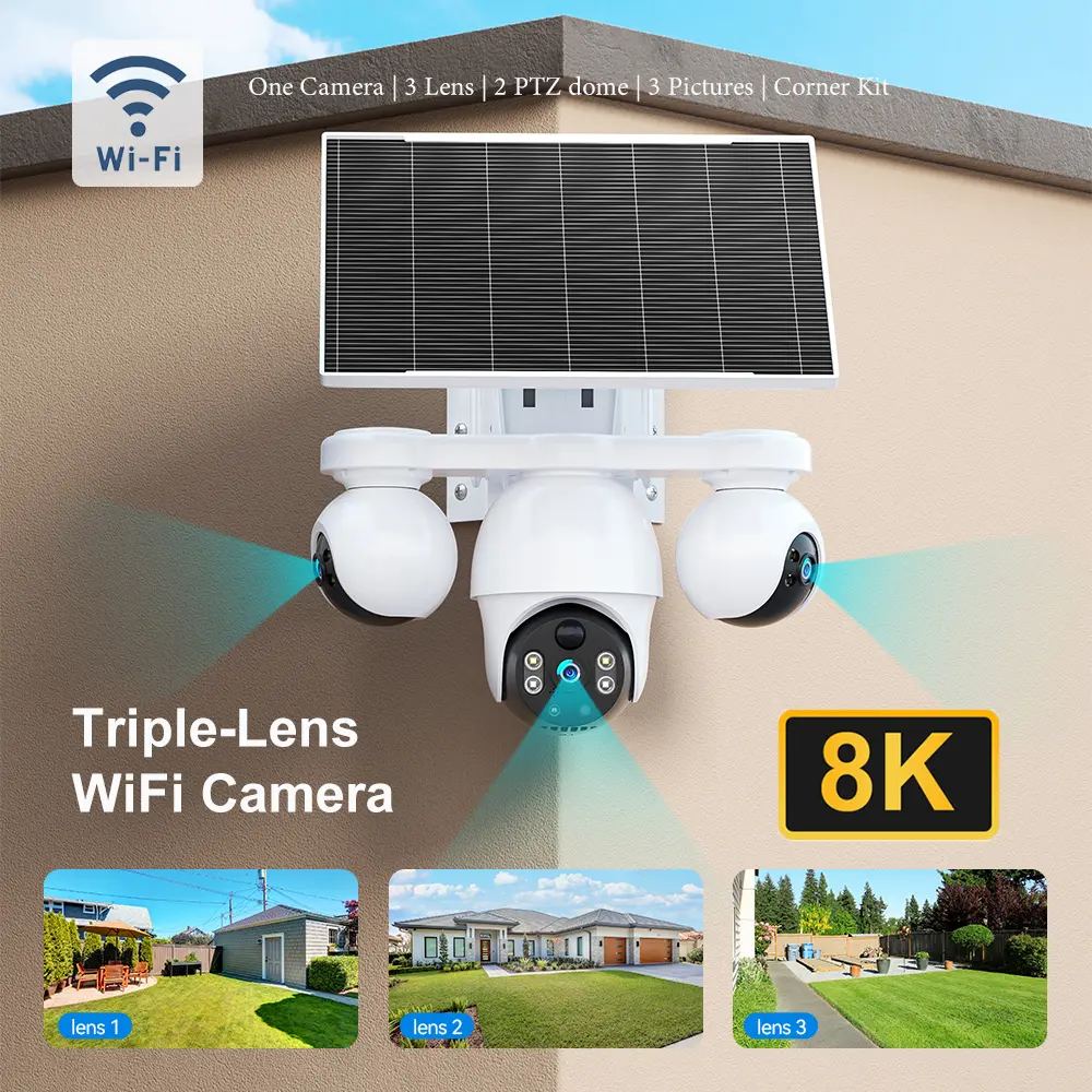 8K WiFi Enabled Outdoor Solar-Powered Security Camera, Triple-Lens 3-View Wireless Home Security Camera with PTZ 360° Pan/Tilt Rotation, Motion Tracking, PIR Human Detection, 2-Way Audio, Full-Color Night Vision, Alarm Push Notifications, 2.4GHz Support