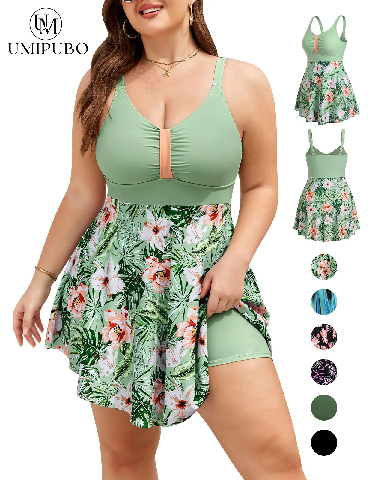 UMIPUBO Women's Plus-Size 1-Piece Swimsuit - Push-Up V-Neck, Ruffled Skirt, Flat Belly Design, Built-In Shorts - Swimsuit Beachwear, Bathing Suits, Beach Outfits, SwimWeek, One Piece Swimsuits