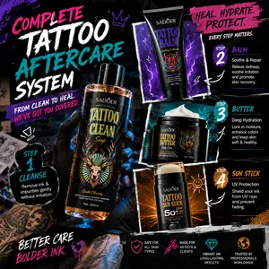 SADOER Tattoo Aftercare Kit with Tattoo Balm 40g, Lotion 280ml & Foaming Cleanser 300ml – 3-Piece Color Care and Moisturizing Set for Tattooed Skin