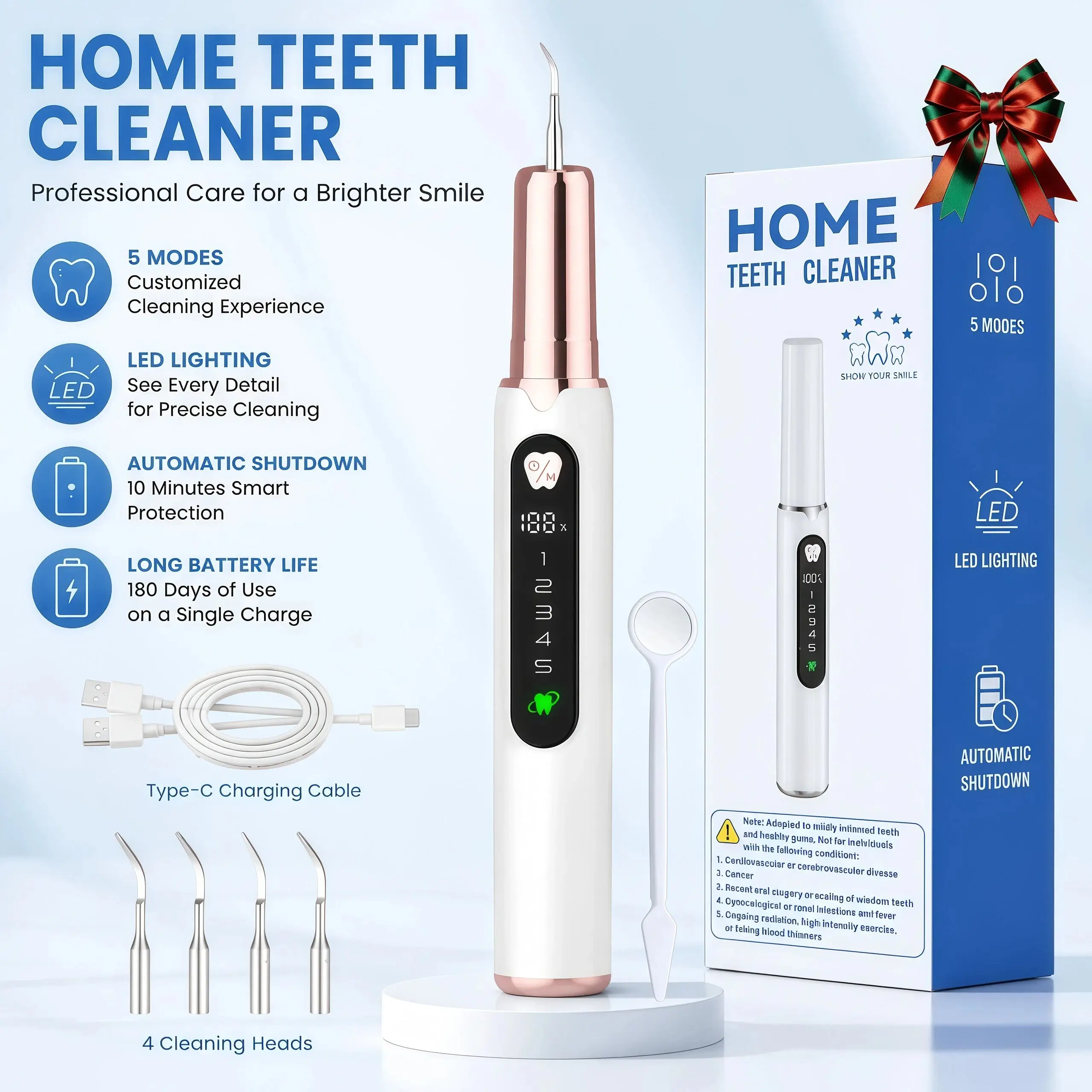 Oral Plaque/Tartar Remover for Teeth, Electric Tooth Cleaner Tartar Remover for Teeth with LED Light,5 Modes Rechargeable Teeth Cleaning Kit with Dental Tools, 3 Replaceable Heads Removable Adjustable