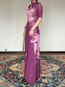 Lily & Floral Green Deep Purple Reversible Mesh · Neo-Chinese Fitted Wrap Dress (Sleeveless/Short Sleeve)