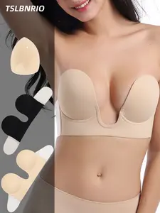 3 Pcs Deep V Invisible Push Up Bra with Extra Pads, Strapless Backless Adhesive Sticky Bra for Women Dress, Non-slip Reusable Support for Wedding Party Summer Essentials, Elegant