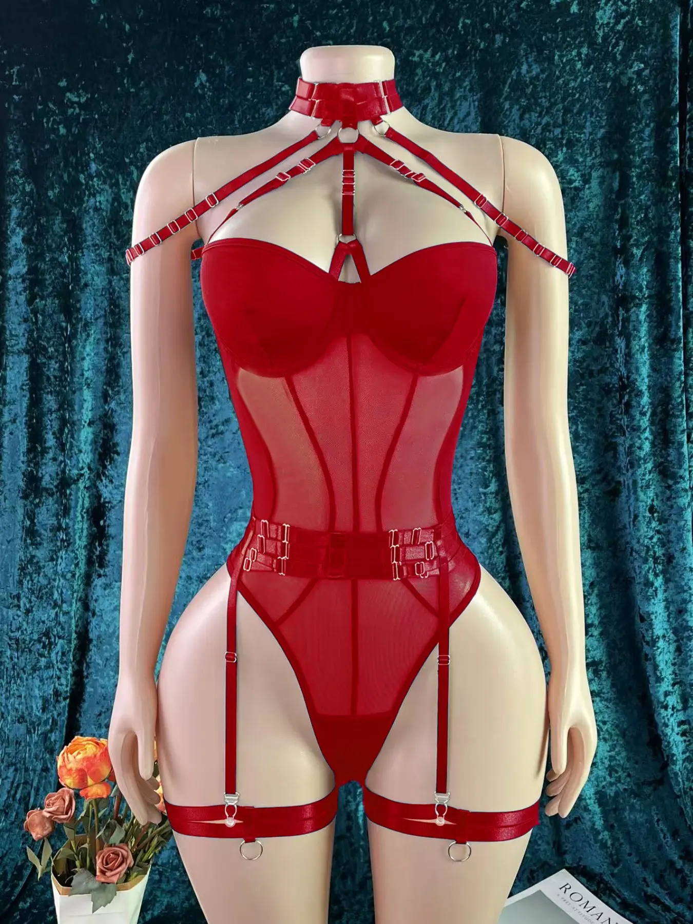 Women's Gothic Leather Jumpsuit, Lace Bodycon Bodysuit, Hollow Out Bodysuit, Transparent Overall, Leg Rings Included, Perfect for Parties, baddie, altgirl, night out top, Lingerie