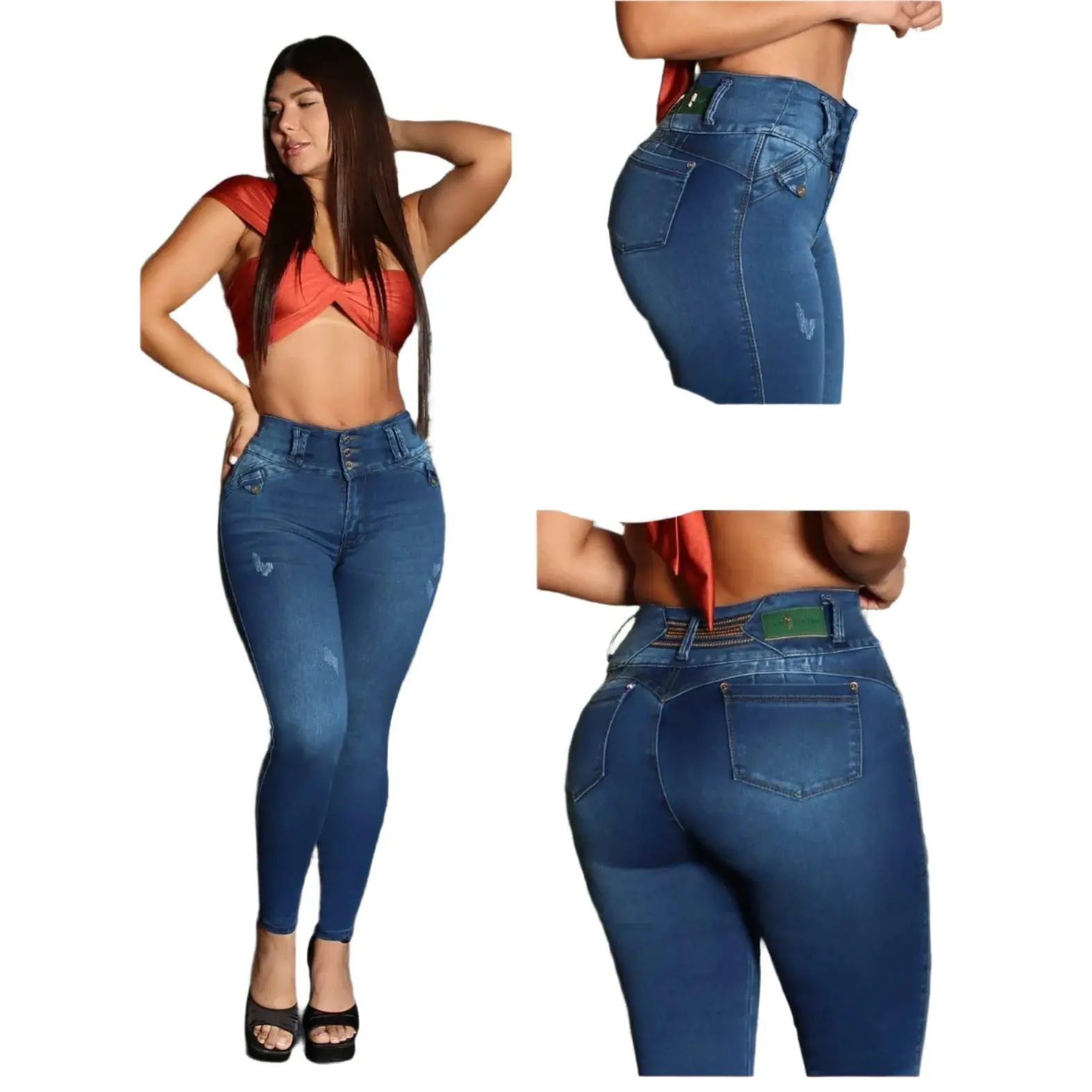 Colombian Bon Bon Up butt lifter high waist push up Jeans 7909 Womenswear Blue Bottom Cotton