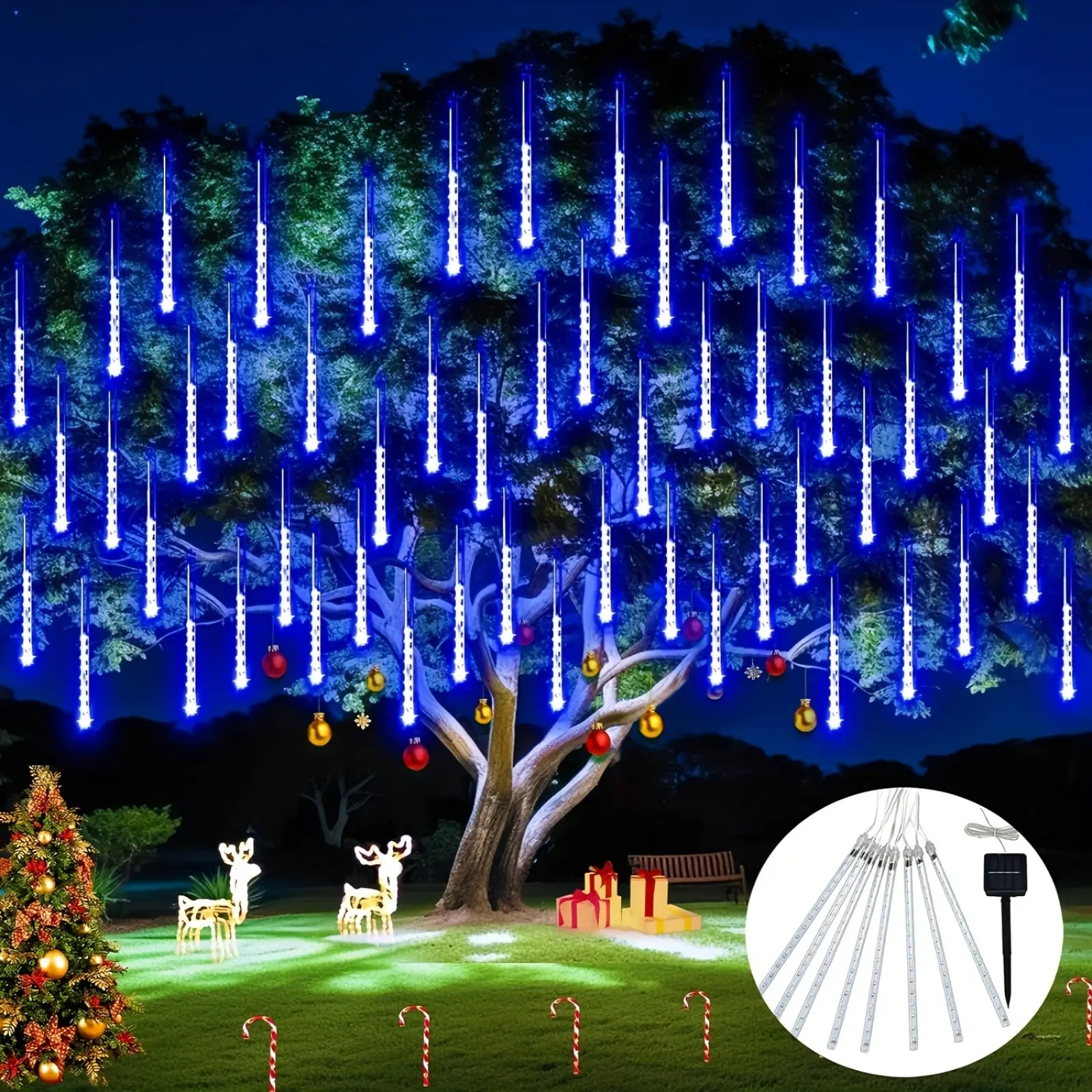 1 set with 8 tubes, 192 LEDs outdoor meteor shower Christmas lights, rain effect solar lights, waterproof, Thanksgiving and Halloween decorative lights, blue, warm white, white, multicolor, green, purple