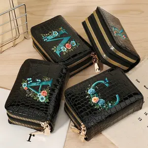 Shiny PU Multi-Card Wallet, Vintage Floral Decorative Portable Coin Purse, Personalized A-Z Initial Card Holder, Daily Commute Essentials