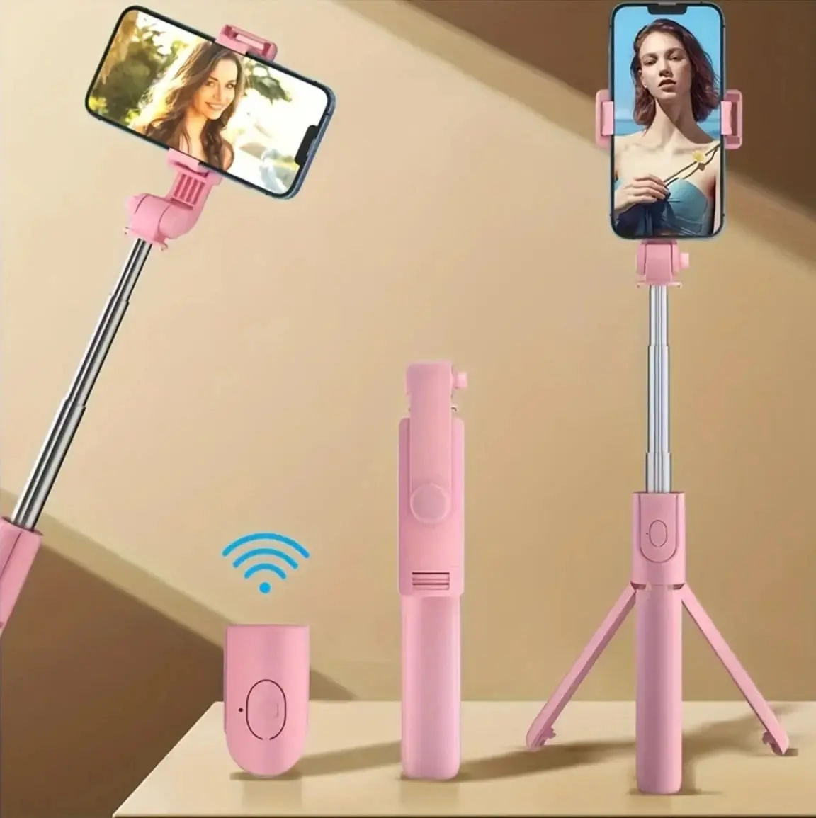 Retractable Selfie Stick with Fill Light, 360° Rotatable Phone Tripod, Wireless Remote Control, Portable Stand for Summer Travel & Outdoor Activities Pink Cellphone