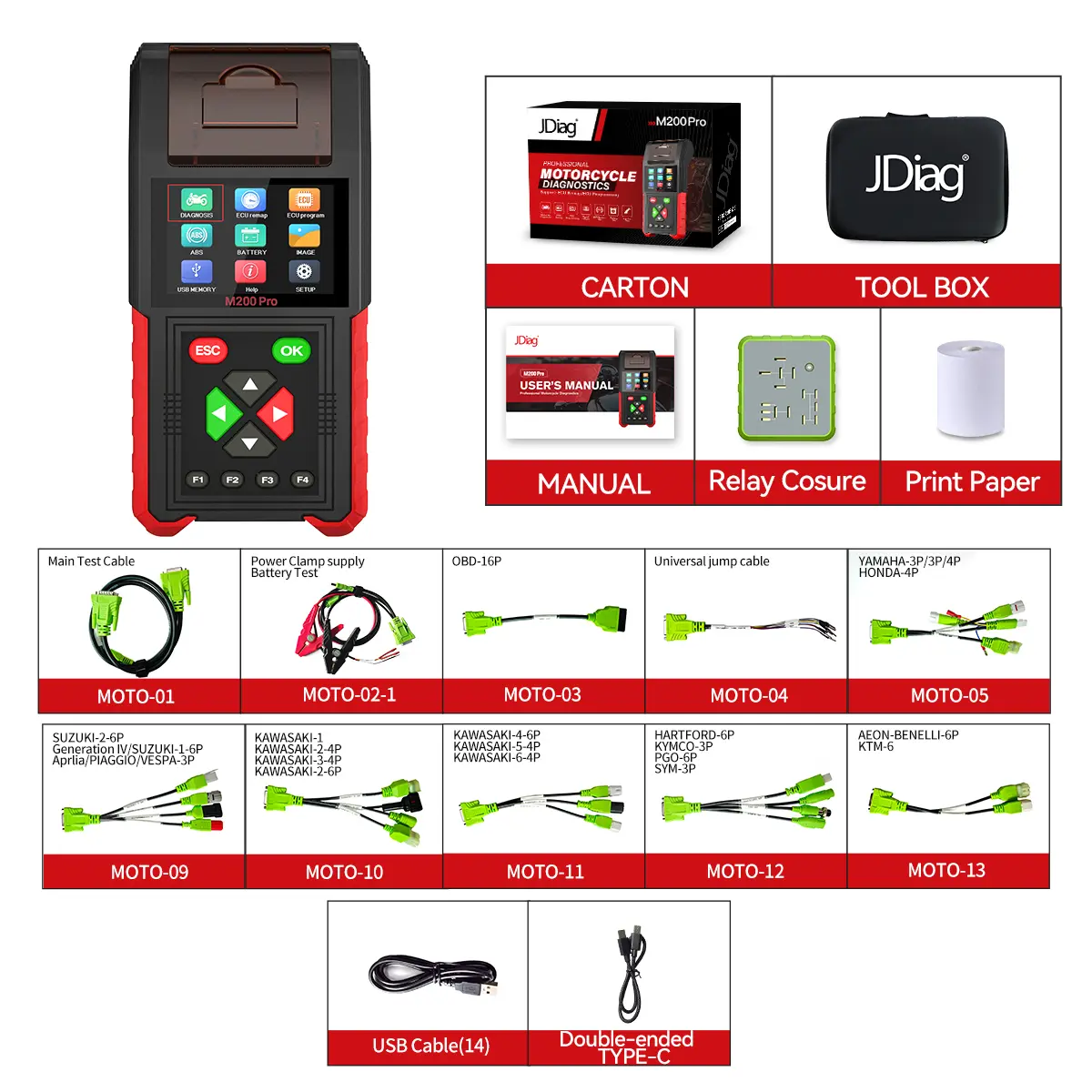 TopDiag M200 Pro Professional Motorcycle Scanner, Full Version Diagnostic Tool with Honda ECU Remap, Battery Test, ABS Support & Spanish, Korean, Italian, German Language Options, French