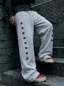 Men's Y2K Wide-Leg Sweatpants | Lightweight Breathable Polyester, "NYC Flag & Star Cluster" Graphic Print, Trendy Streetwear, Quick-Dry Athletic Fabric, Ideal for Fall, Daily Wear, Urban Outings & Casual Street Style