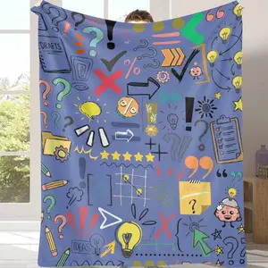 Creative Doodle Flannel Blanket Abstract Icons Illustration Print Soft Cozy Lightweight Warm Decorative Throw Ideal for Office Nap Couch Reading Corner Study Room Gift for Designers and Home Decor