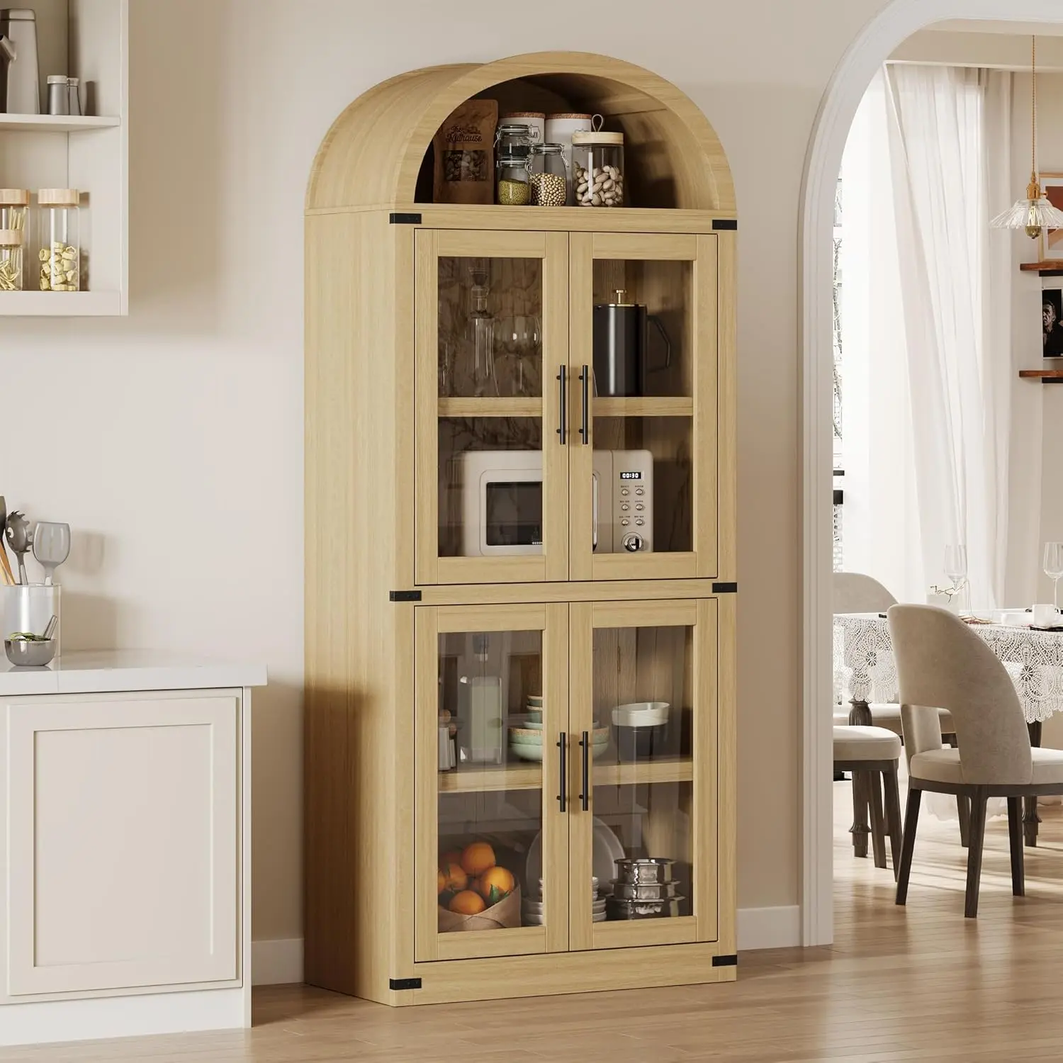 72" Tall Arched Top Wood Freestanding Pantry Cabinet - Contemporary Modern Farmhouse Hutch with 4 Glass Doors, Sturdy Base Kitchen Organization Unit, Ideal for Apartments, Balconies, Dining Room Assembly Required, Simple Setup