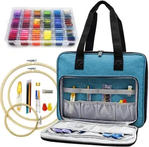 Full Range Embroidery and Cross Stitch Starter Kit with  Storage Organizer Bag, Includes 99 DMC Coded Cotton Threads, 9 Metallic Floss, 3 Hoops, ,  + More (Turquoise)