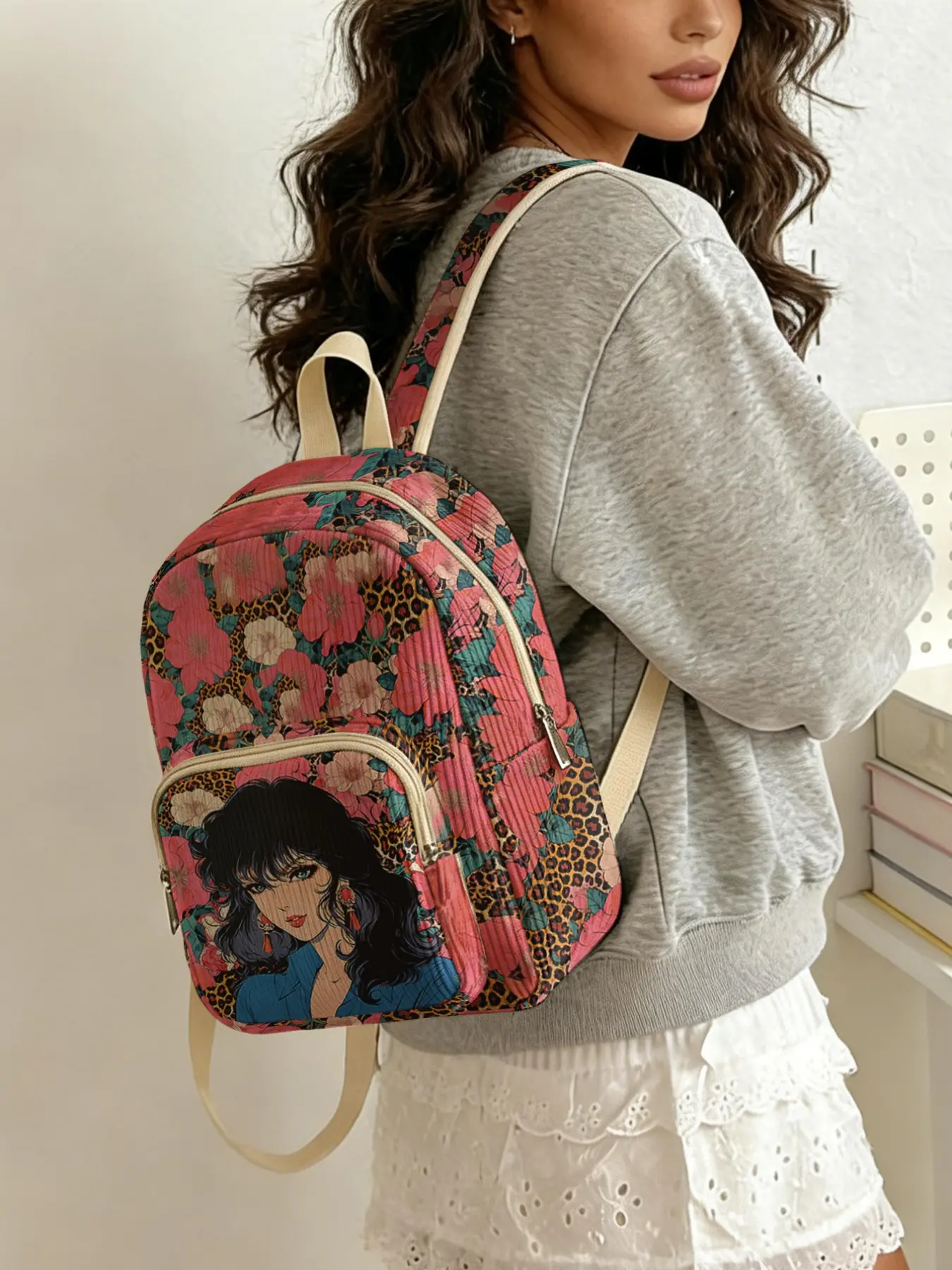 Flower bed pattern 2D printed lady's backpack, corduroy texture, layered storage, lightweight, perfect for students going to class/shopping/short trips, Lightweight casual daypack