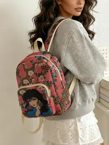 Flower bed pattern 2D printed lady's backpack, corduroy texture, layered storage, lightweight, perfect for students going to class/shopping/short trips, Lightweight casual daypack