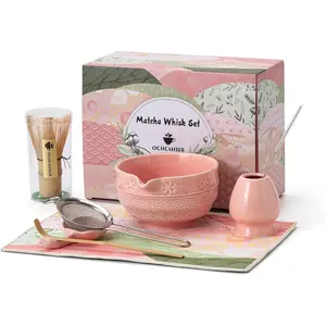 Matcha Tea Set, 8 Pcs Japanese Matcha Kit with Cherry Blossom and Wave Design Ceramic Bowl, Bamboo Whisk, Whisk Holder, Scoop, Sifter, Brush, Matcha Kit Set for Matcha Lovers (Pink)