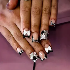 French Tip Press-On Nails 24pcs | Short Square Zebra Bow Fake Nails | Cute Charm Design for Women