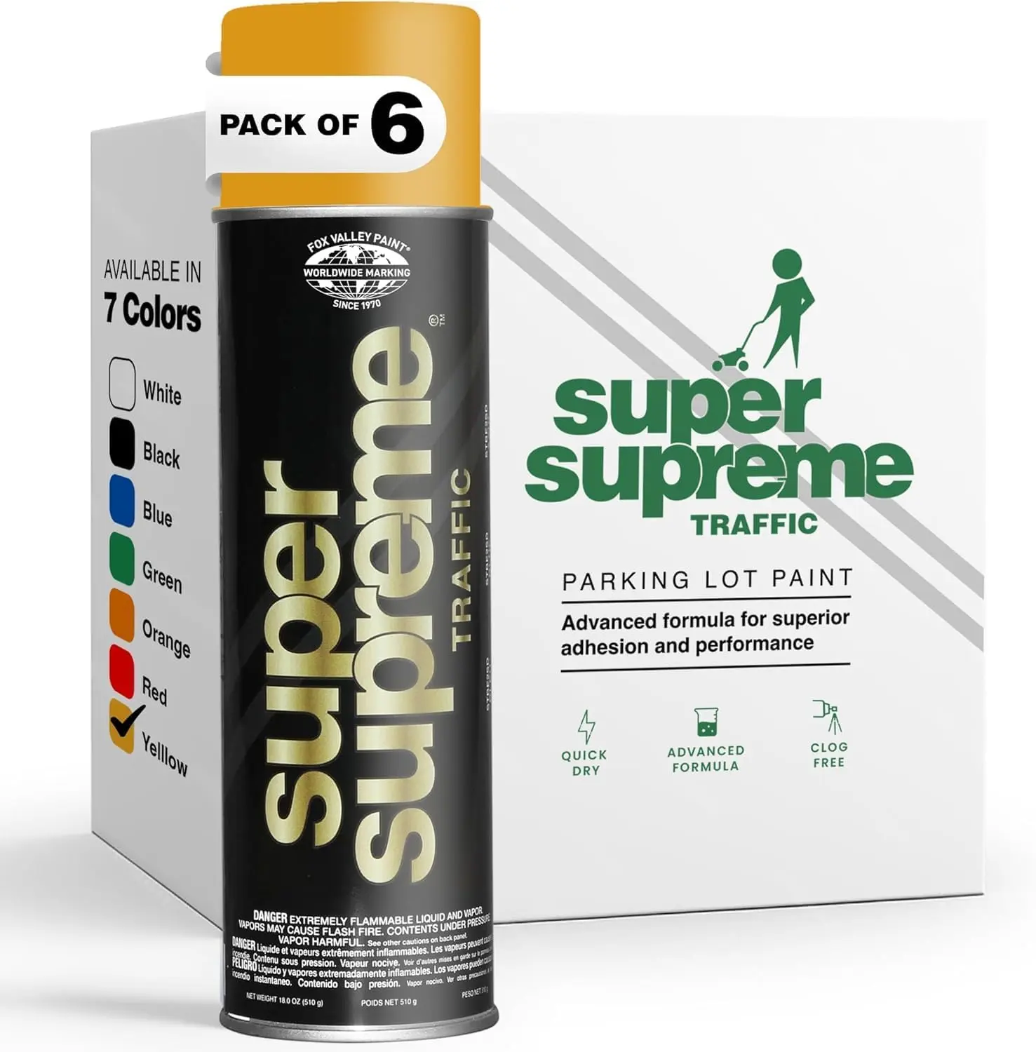 Fox Valley Super Supreme Traffic Marking Paint – 18 oz (6-Pack) Yellow, Fast-Drying, Long Lasting, Durable & Weather-Resistant - Marking Paint for Roads, Parking Lots, Sidewalks & Factory Floors, Yellow